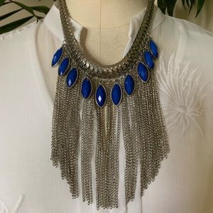 Bib necklace silver tone and royal blue